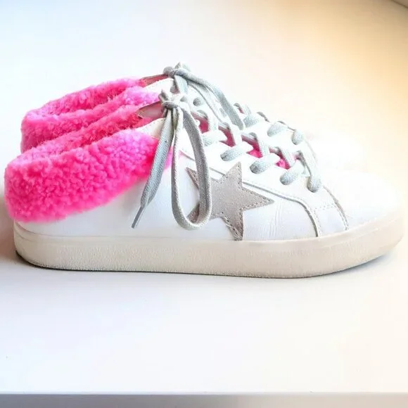 Steve Madden Polaris White Leather & Pink Sherpa Lace-up Star Sneakers Shoes 8 - Picture 4 of 16
